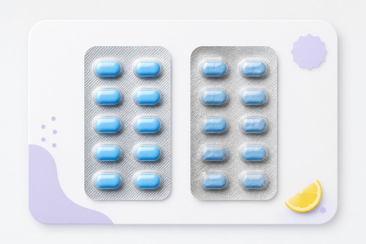 Mystery-strip warning beside a 100 mg-style blister