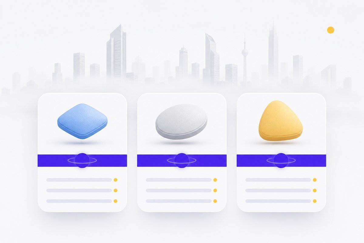 Cialis 20, Viagra 25-100, and Levitra 2.5-5 on a skyline